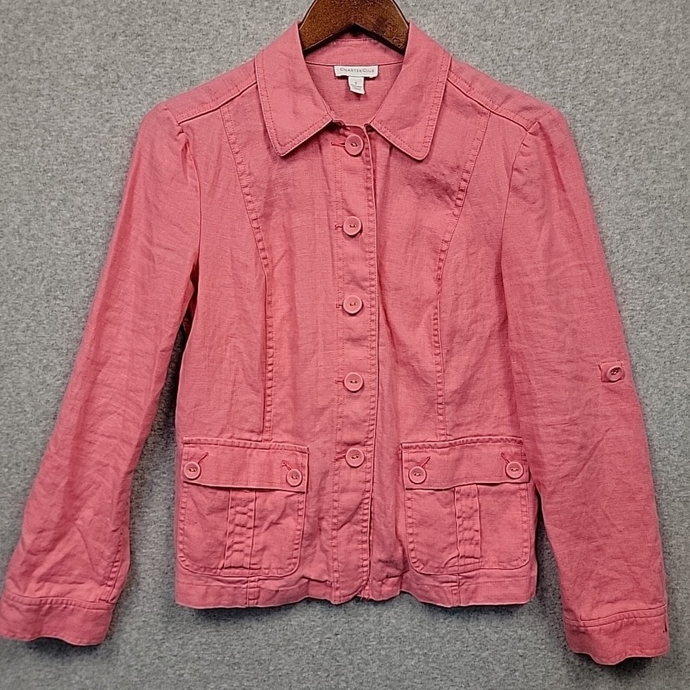 Charter Club Sz S 100% Linen Jacket Pink Pockets Button Roll Tab Career Coastal